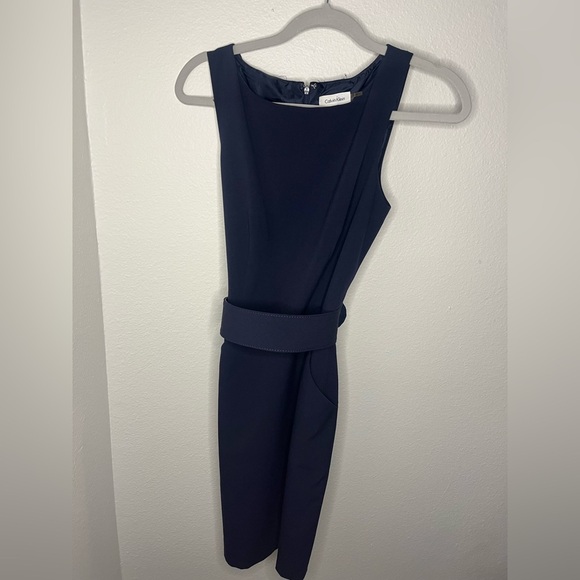 Calvin Klein Women’s Blue Sleeveless Sheath Midi Dress with Belt - Picture 2 of 7